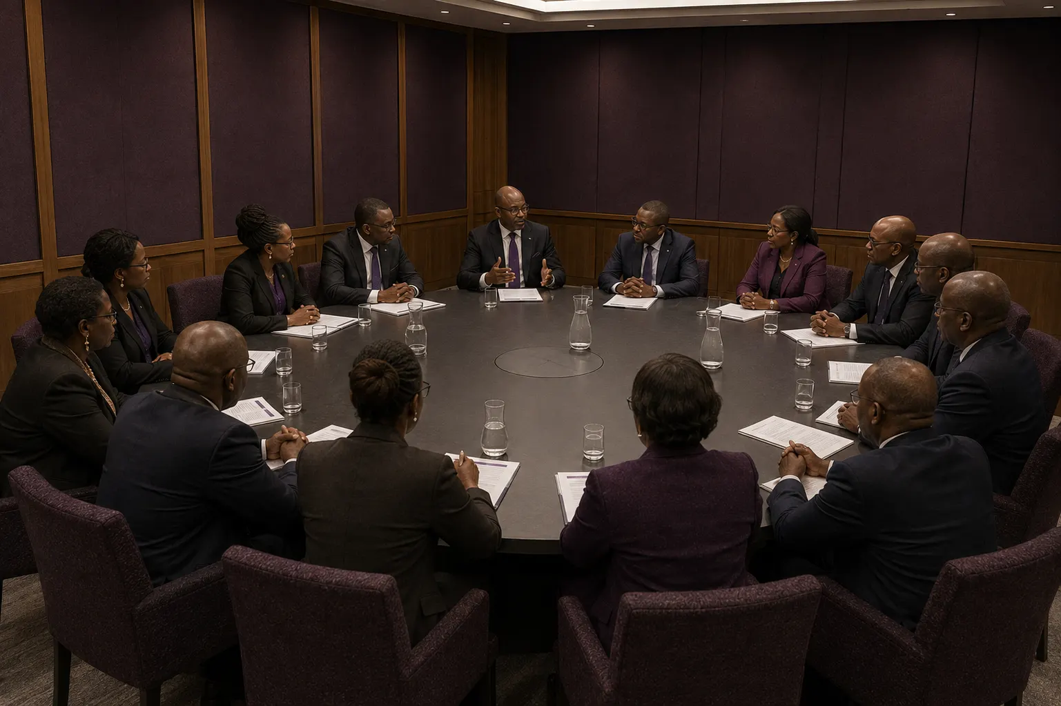 A gathering in conversation around a table.
