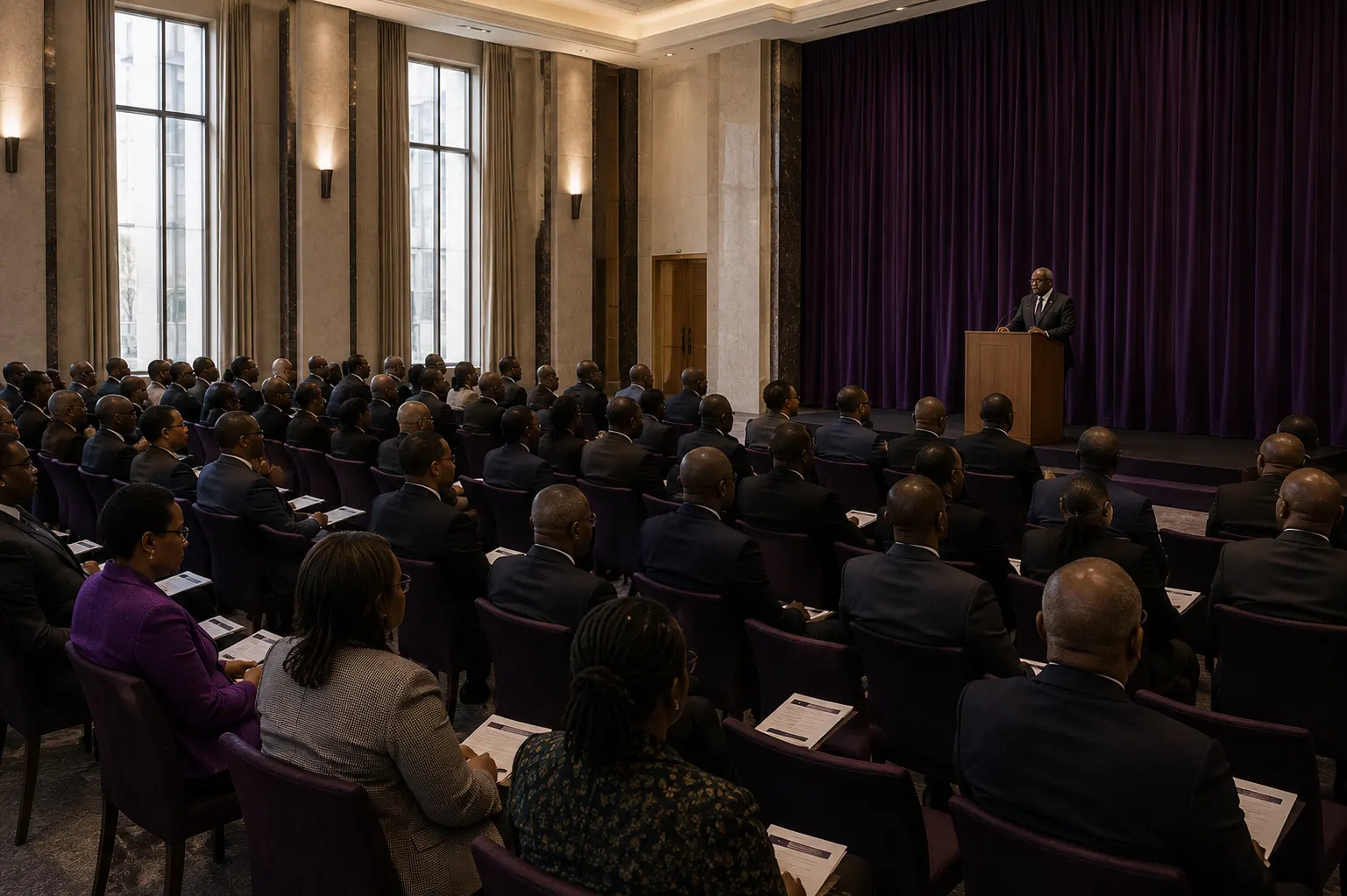 A governance convening — delegates seated before a speaker.