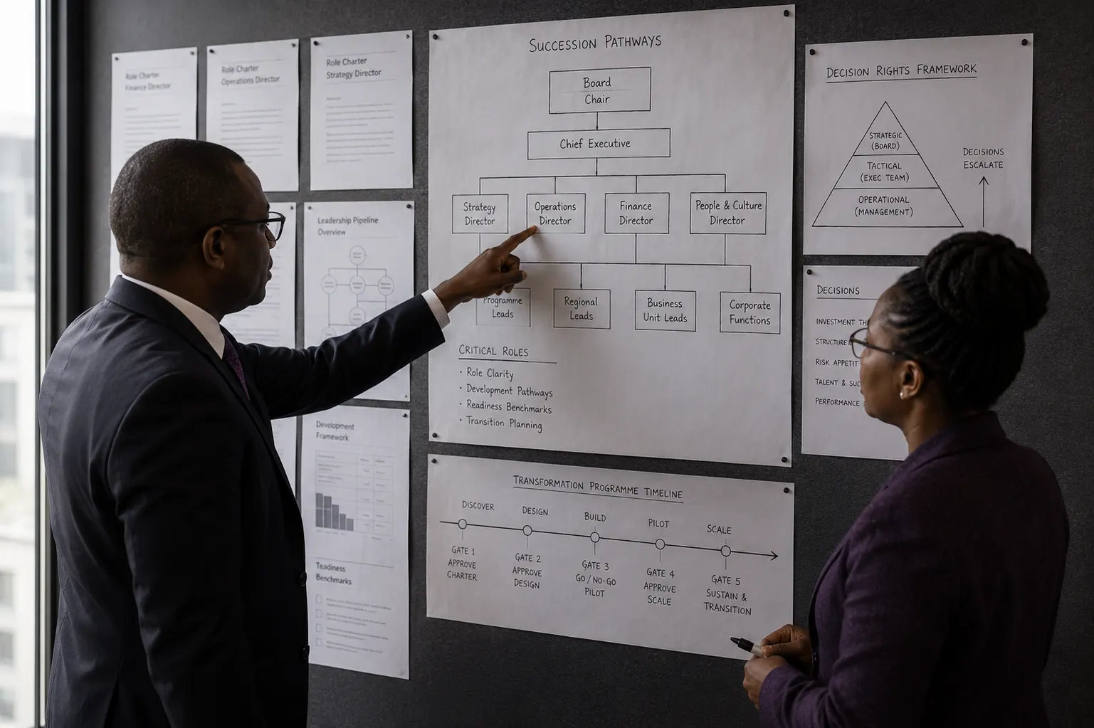 An advisory working session at a wall of strategy and structure charts.